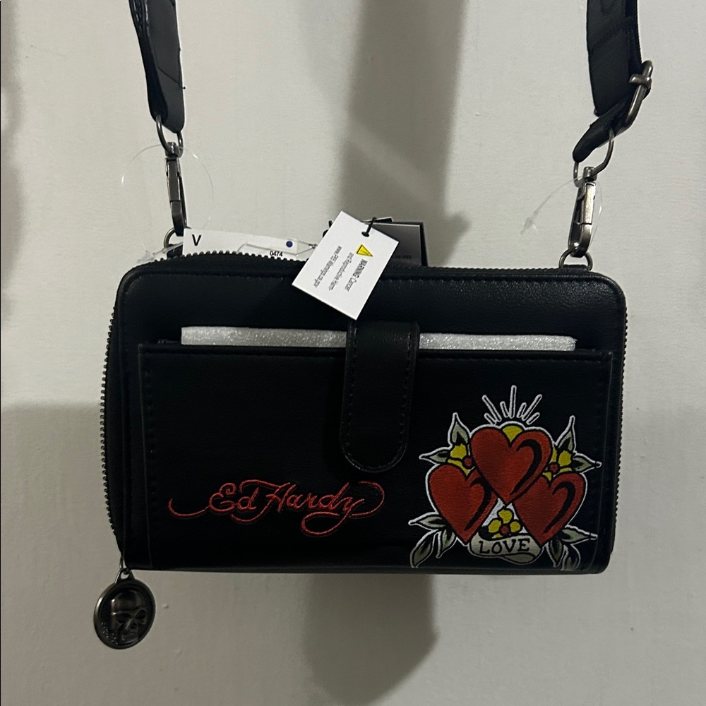 New Ed Hardy Black Crossbody Bag with Heart and Love Design